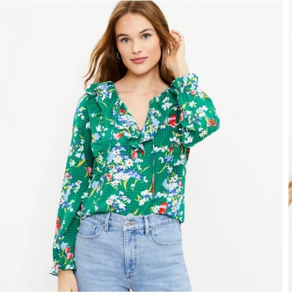 LOFT Bouquet Ruffle Tie Neck Blouse Floral Green Check Boho Size Large New